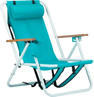 Backpack Beach Chairs for Adults,Folding Beach Chair, Folding Heavy Duty Camping Chair,4 Position Portable Backpack Foldable Camping Chair with Headrest Cup Holder and Wooden Armrests, Green