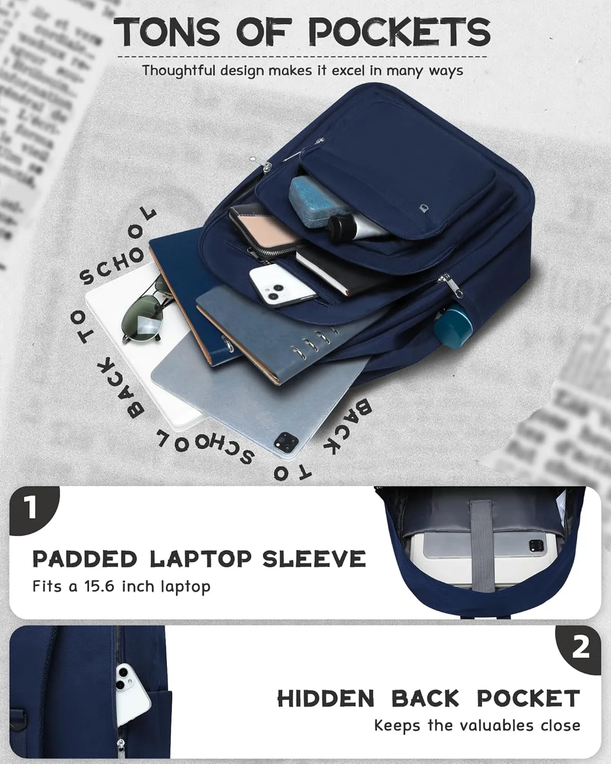 Backpack for Middle High School Teen Boys Girls Large College Bookbag with Laptop Compartment Back to School Book Bags Mochilas Escolares para Niños Niñas Adolescentes (Dark Blue, Solid)