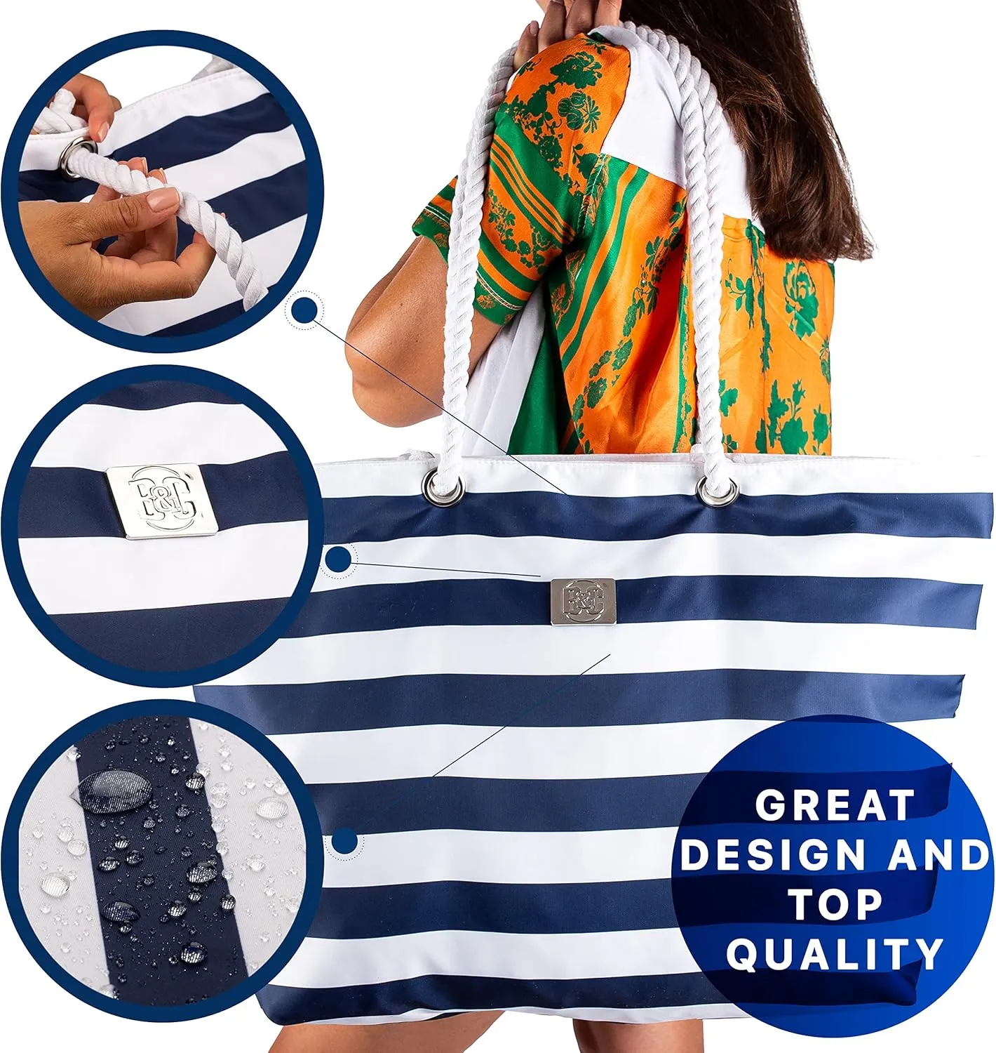 Bag&Carry Large Beach Tote Bag With Zipper - XL Beach Bags Waterproof Sandproof - Oversized Beach Bag With Pockets