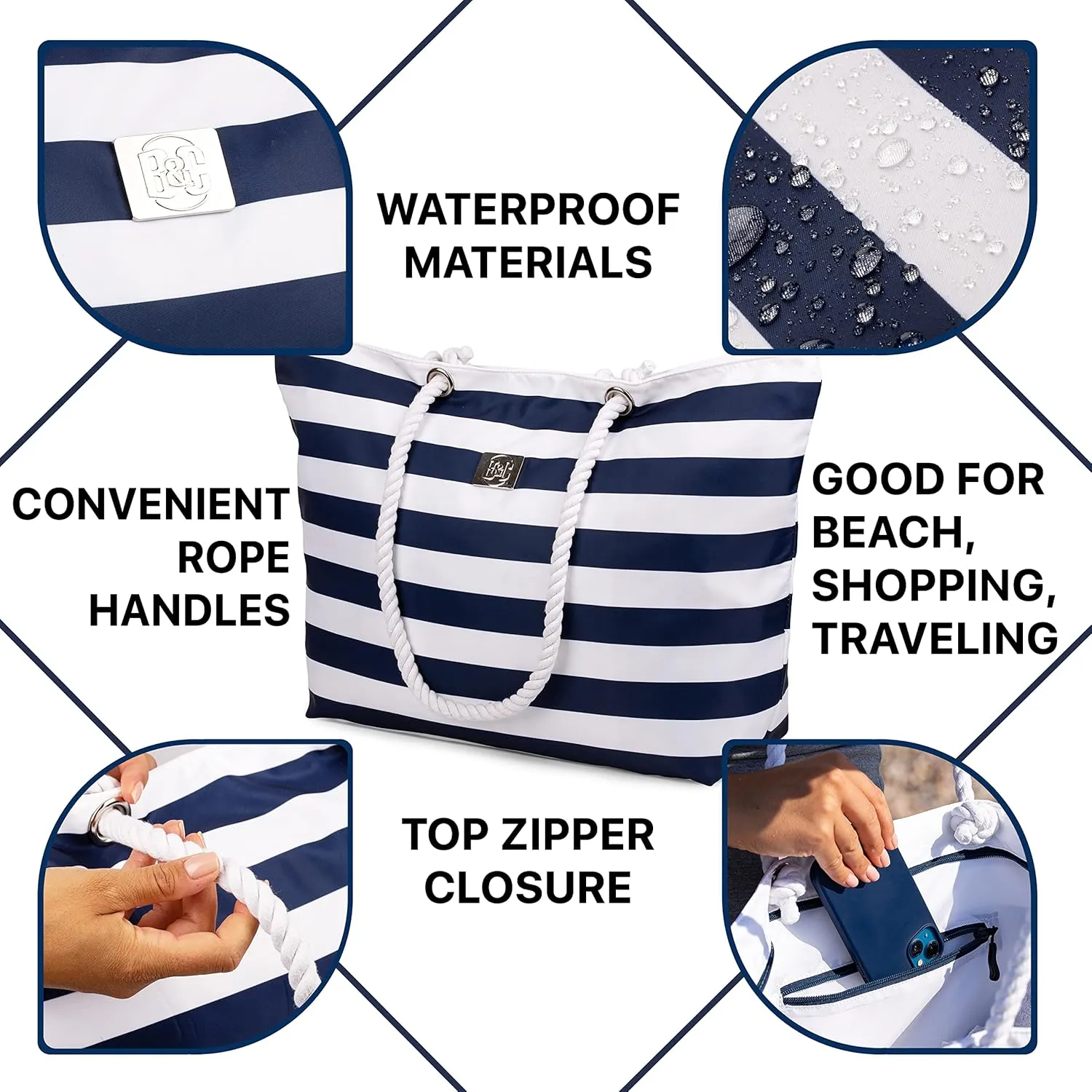 Bag&Carry Large Beach Tote Bag With Zipper - XL Beach Bags Waterproof Sandproof - Oversized Beach Bag With Pockets