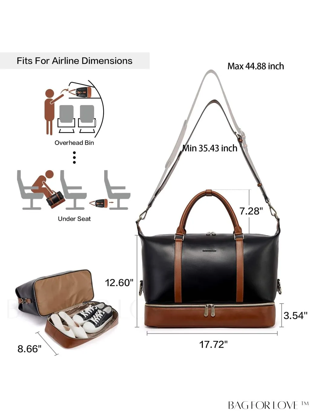 BagForLove - BOSTANTEN Leather Travel Duffle Bag for Women - Stylish Overnight Weekender with Shoe Compartment