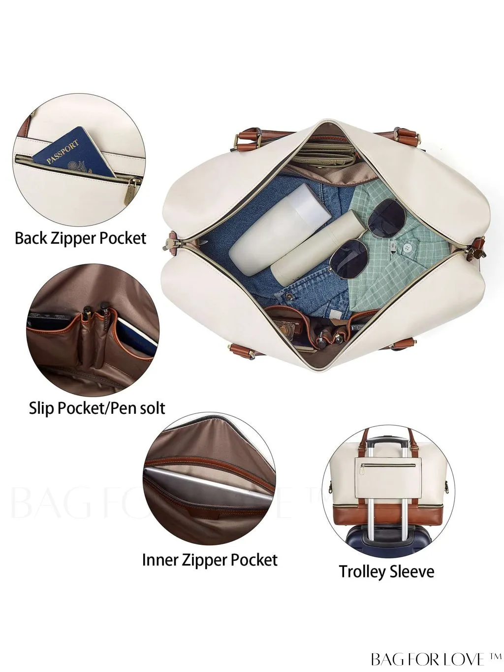 BagForLove - BOSTANTEN Leather Travel Duffle Bag for Women - Stylish Overnight Weekender with Shoe Compartment