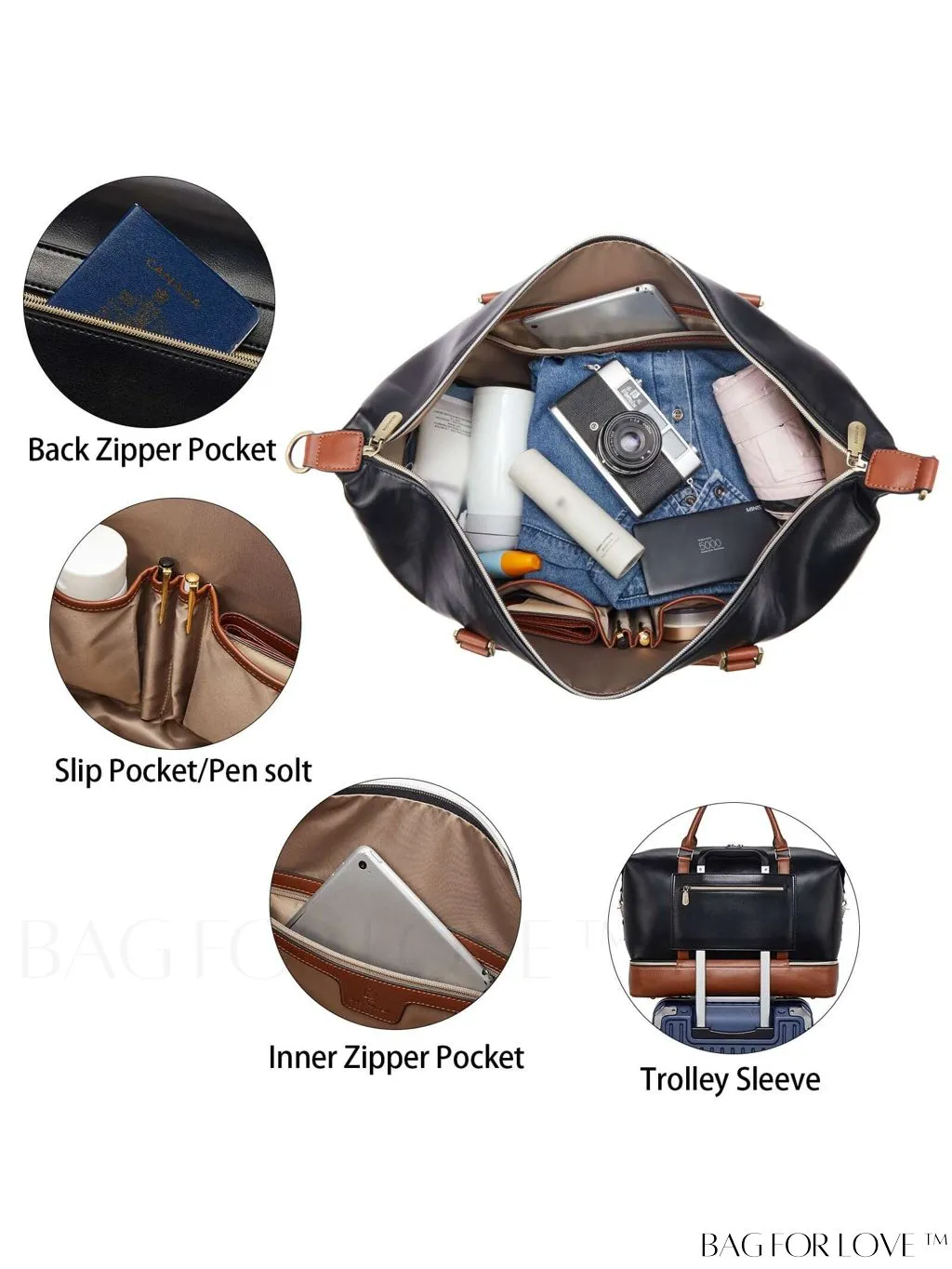 BagForLove - BOSTANTEN Leather Travel Duffle Bag for Women - Stylish Overnight Weekender with Shoe Compartment