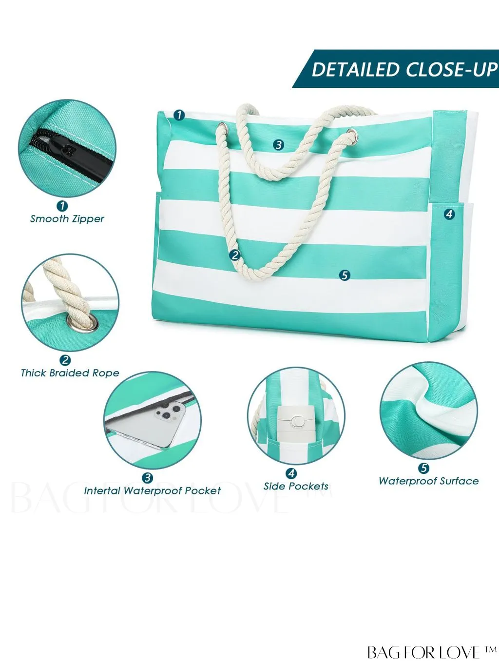 BagForLove - Womens Waterproof Beach Tote Bag: Spacious, Sand-proof & Zippered