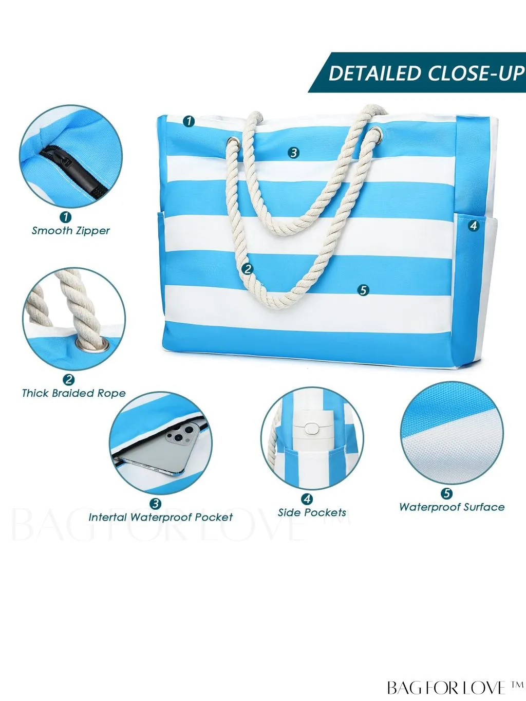 BagForLove - Womens Waterproof Beach Tote: Spacious, Sand-Proof Bag with Zipper - Ideal for Pool and Swim