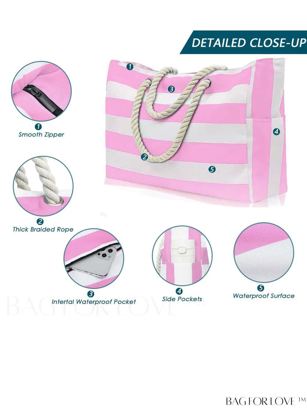 BagForLove - Womens Waterproof Beach Tote: Spacious, Sand-Proof Bag with Zipper - Ideal for Pool and Swim