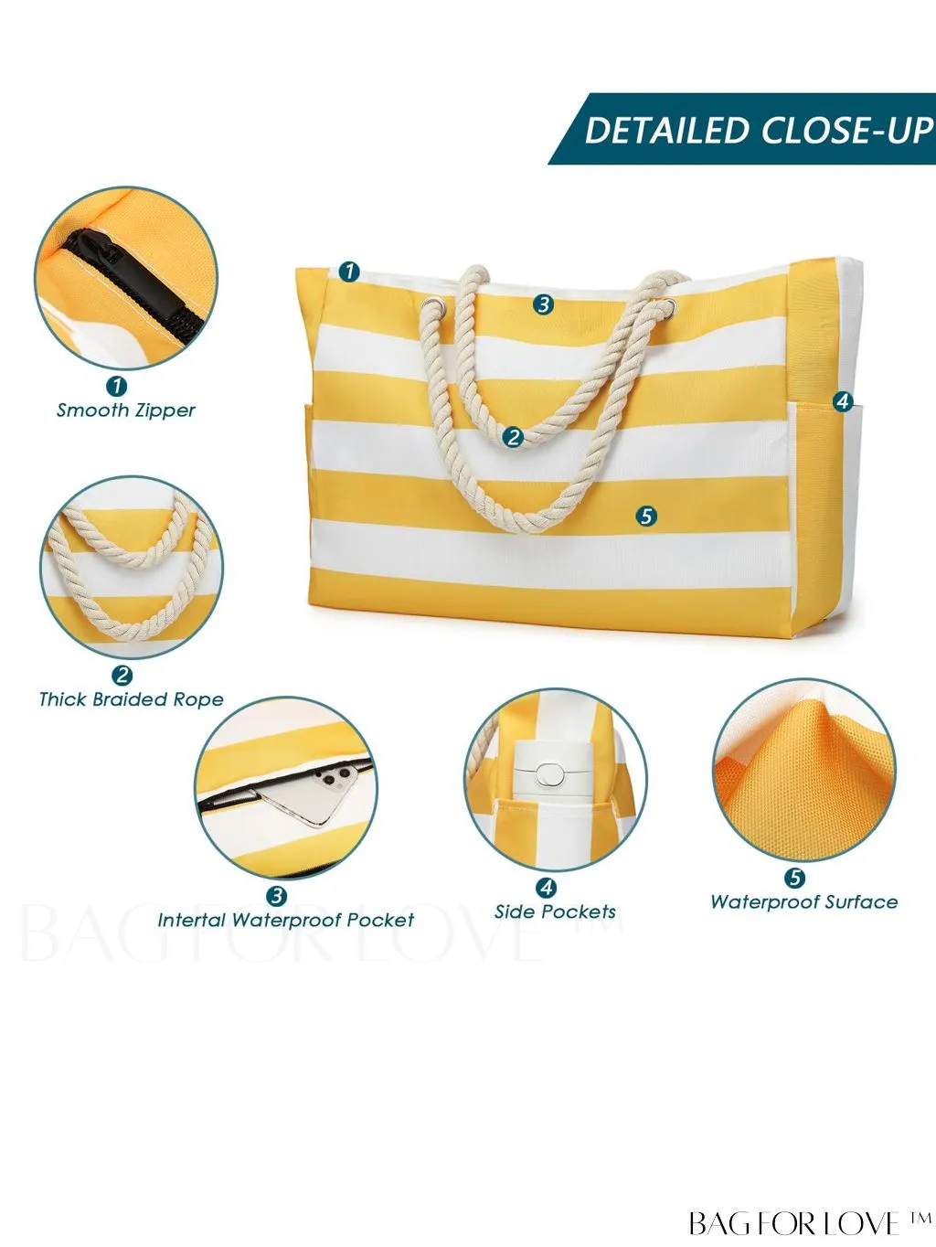 BagForLove - Womens Waterproof Beach Tote: Spacious, Sand-Proof Bag with Zipper - Ideal for Pool and Swim