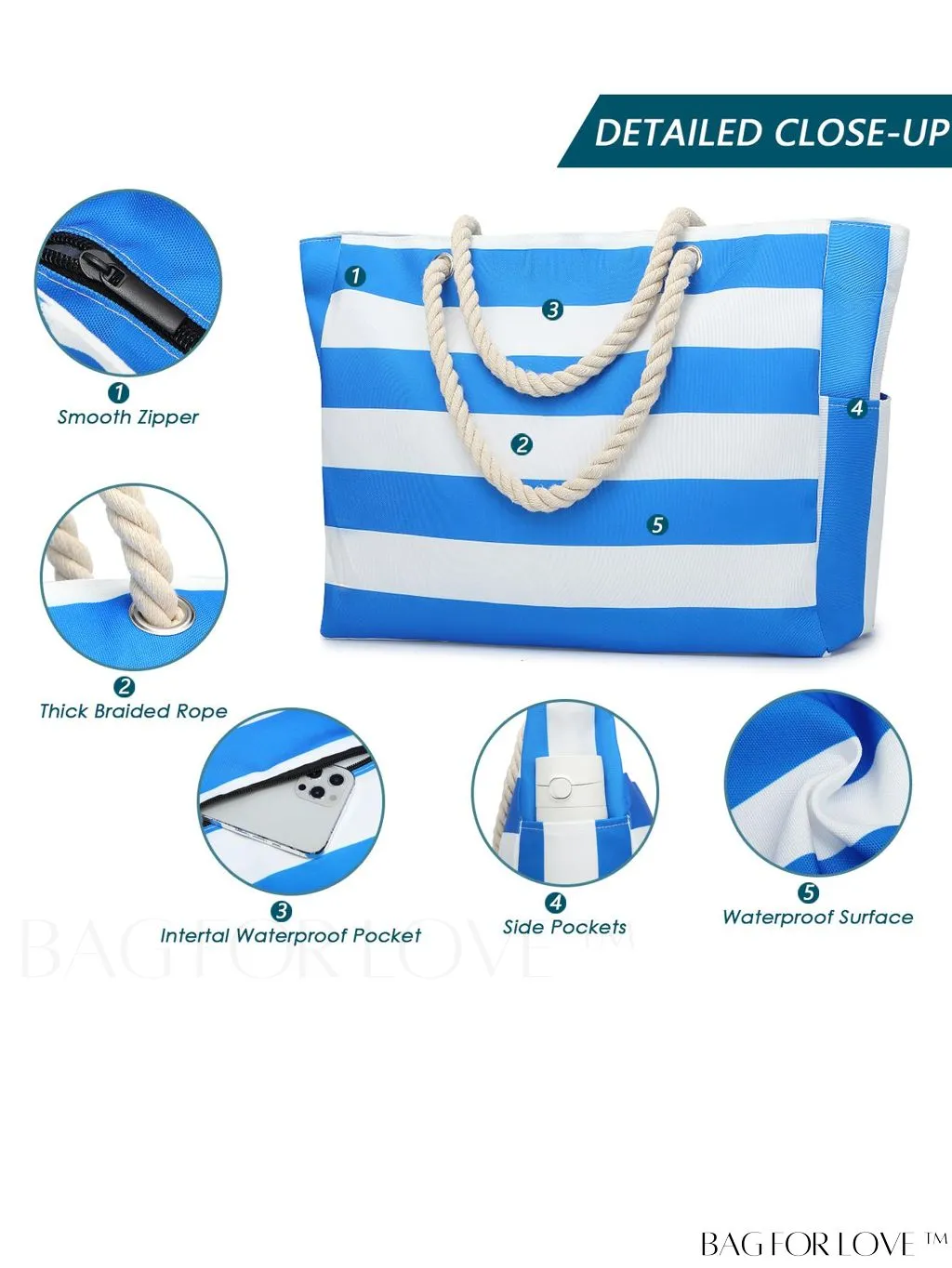 BagForLove - Womens Waterproof Beach Tote: Spacious, Sand-Proof Bag with Zipper - Ideal for Pool and Swim