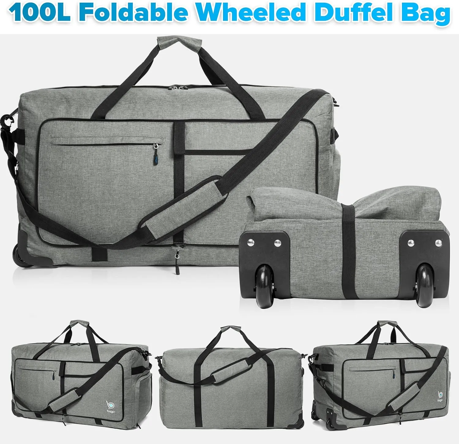 Bago Rolling Duffle Bag with Wheels - 30" 100L Foldable Weekender Bag, Waterproof Travel Duffel Bags Heavy Duty lightWeight Duffle Bag for Traveling, Rolling Duffel Bags with Wheels (Snow Gray)