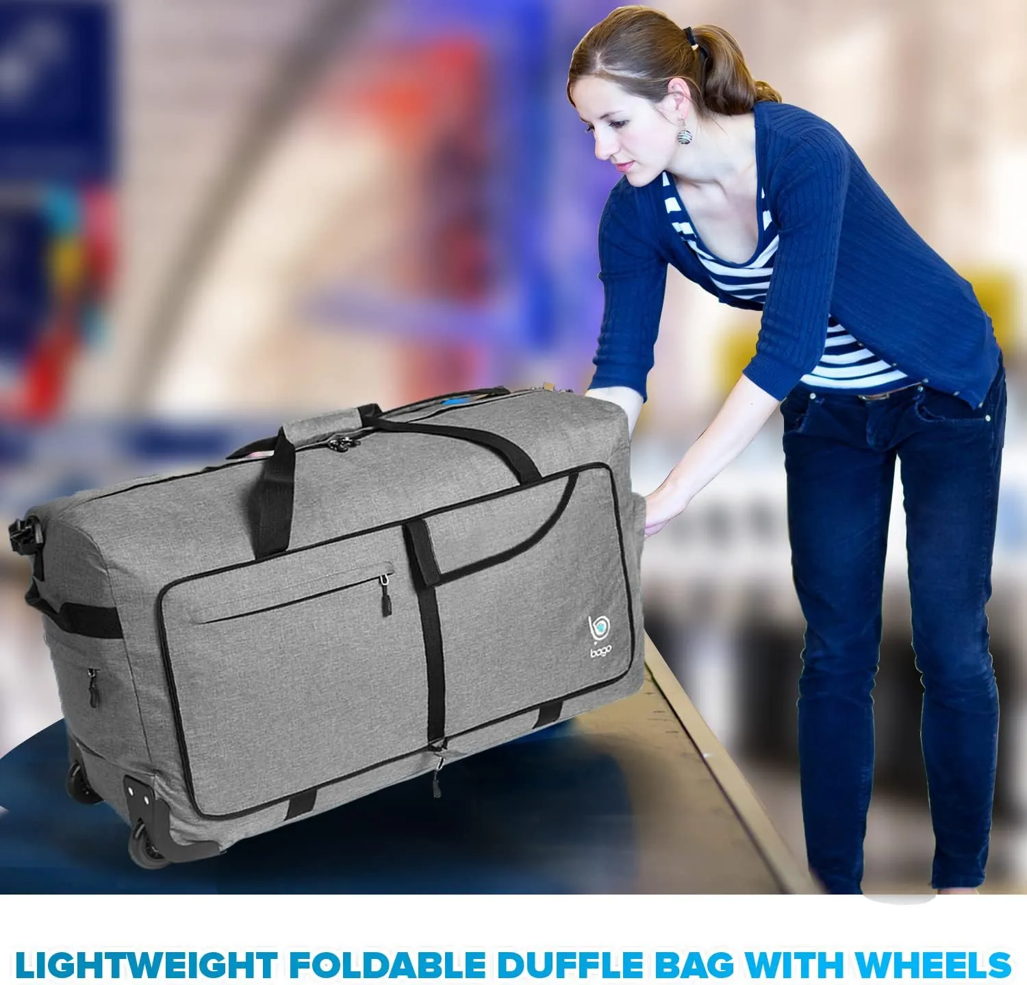 Bago Rolling Duffle Bag with Wheels - 30" 100L Foldable Weekender Bag, Waterproof Travel Duffel Bags Heavy Duty lightWeight Duffle Bag for Traveling, Rolling Duffel Bags with Wheels (Snow Gray)