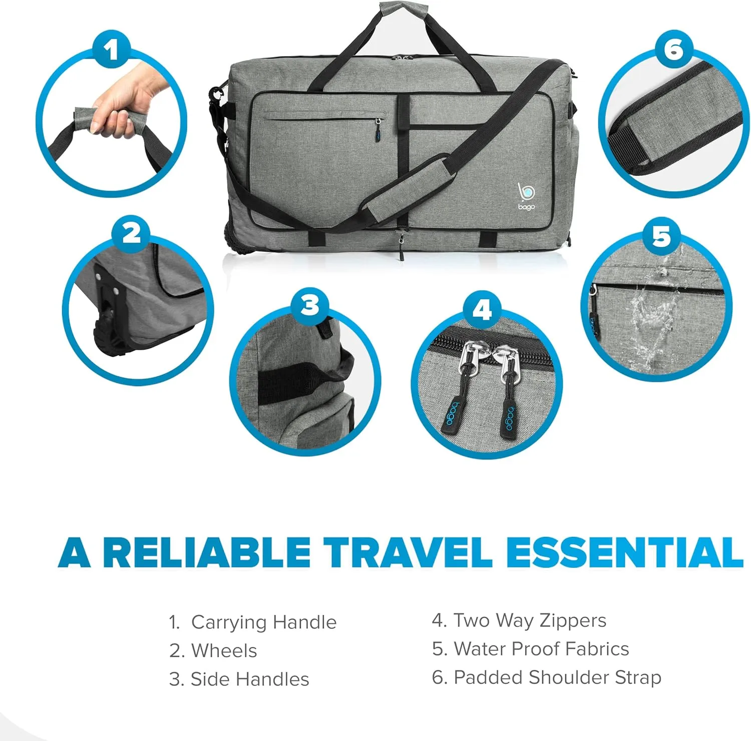Bago Rolling Duffle Bag with Wheels - 30" 100L Foldable Weekender Bag, Waterproof Travel Duffel Bags Heavy Duty lightWeight Duffle Bag for Traveling, Rolling Duffel Bags with Wheels (Snow Gray)
