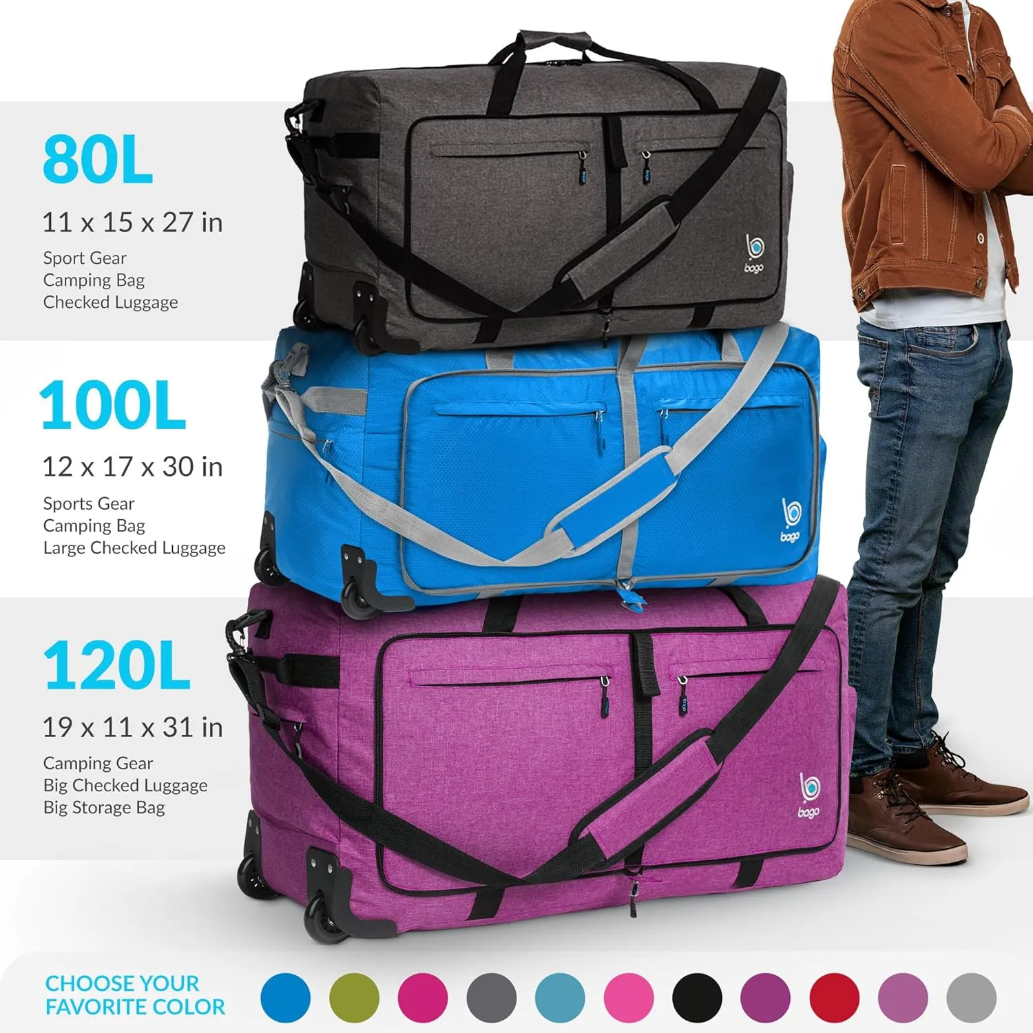 Bago Rolling Duffle Bag with Wheels - 30" 100L Foldable Weekender Bag, Waterproof Travel Duffel Bags Heavy Duty lightWeight Duffle Bag for Traveling, Rolling Duffel Bags with Wheels (Snow Gray)