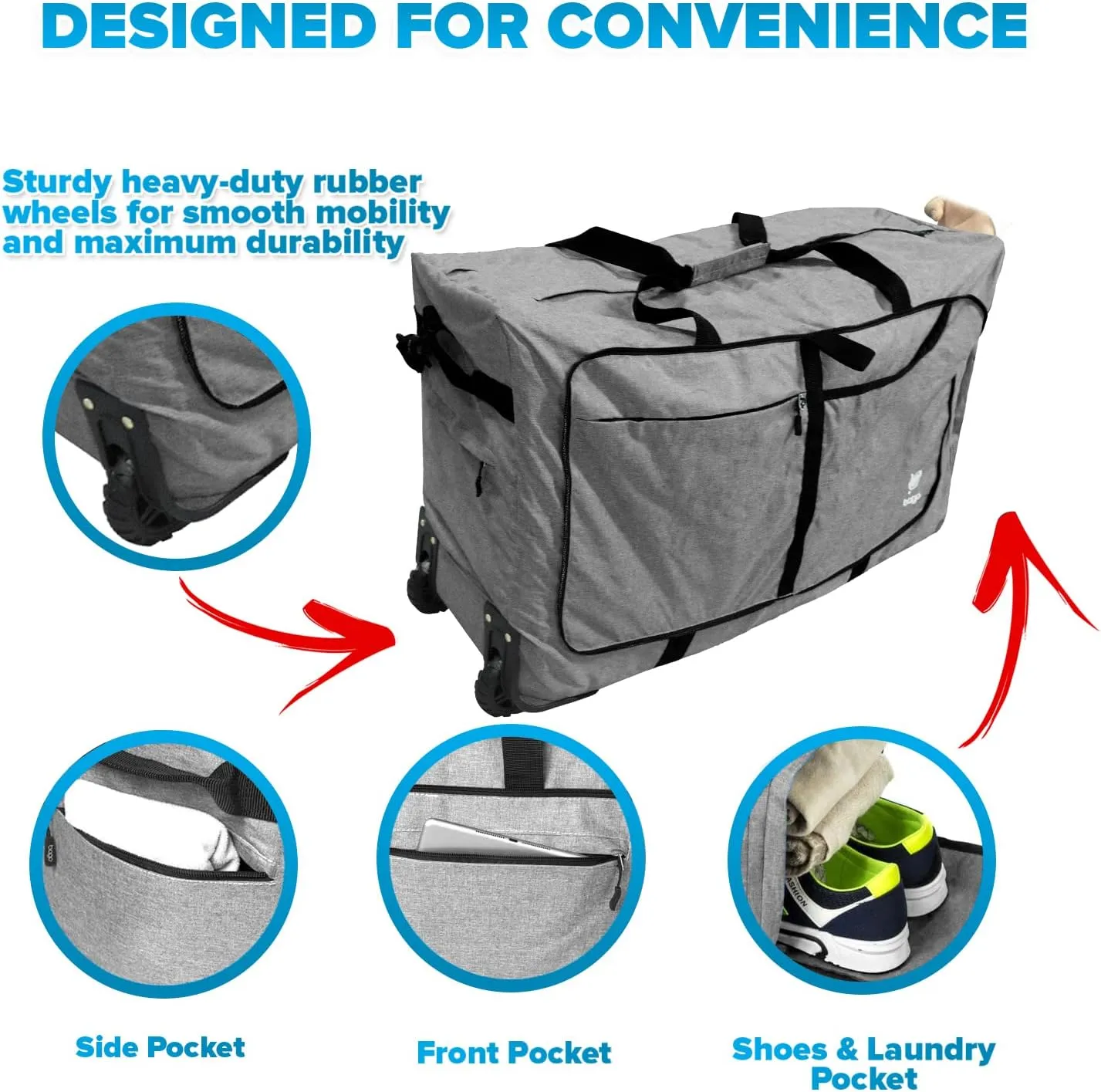 Bago Rolling Duffle Bag with Wheels - 30" 100L Foldable Weekender Bag, Waterproof Travel Duffel Bags Heavy Duty lightWeight Duffle Bag for Traveling, Rolling Duffel Bags with Wheels (Snow Gray)