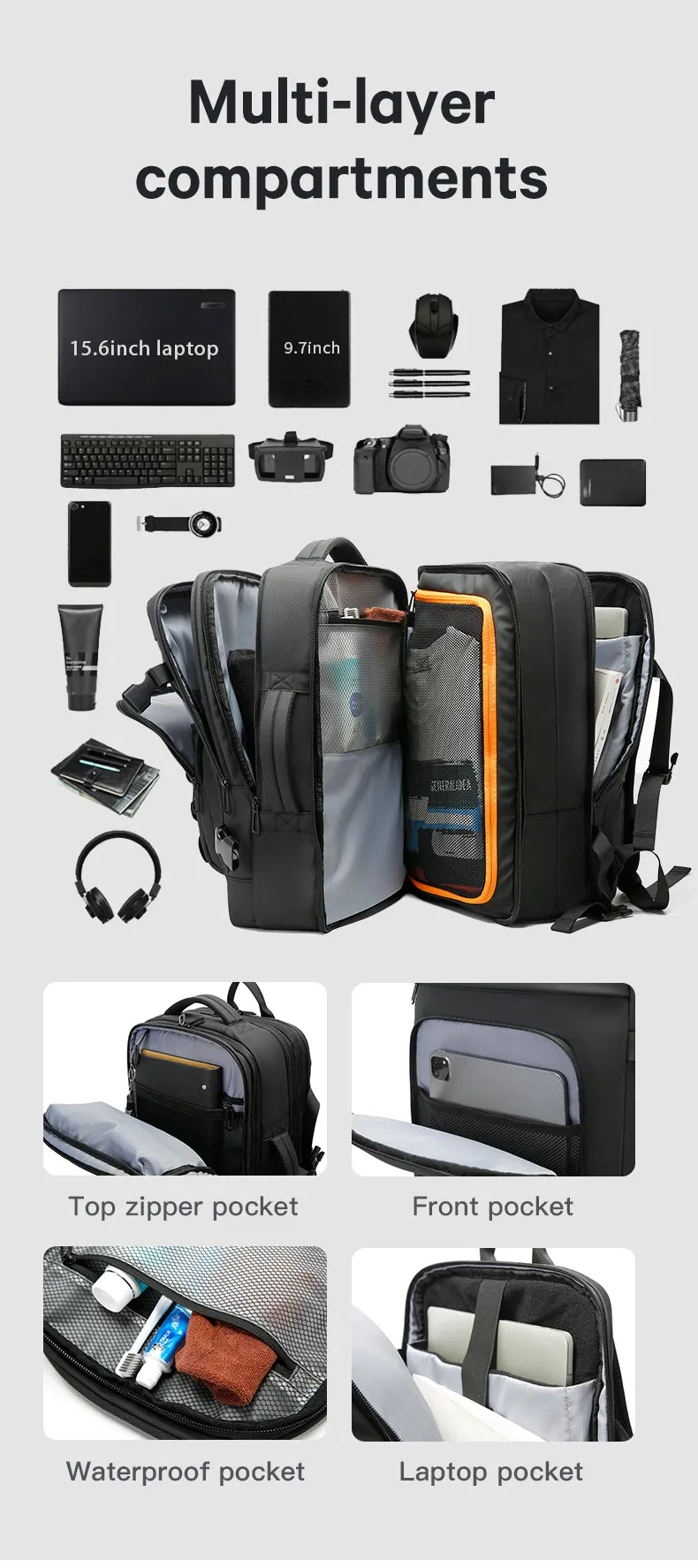 Bange i-Braydenz Water Resistant Hidden Compart Big Capacity Multi Compartment Expandable Travel Laptop Backpack (15.6")