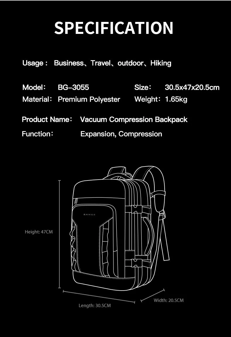 Bange i-Braydenz Water Resistant Hidden Compart Big Capacity Multi Compartment Expandable Travel Laptop Backpack (15.6")