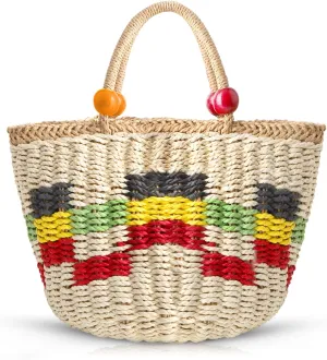 Beach Bag for Women, Summer Straw Bag, Colorful Lattice Basket Bag, Handwoven Rattan Handbag, Large Tote Bag Suitable for Travel Vacation Work