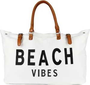 Beach Bag with Vegan Leather Handle, Extra Large Beach Bag for Women Waterproof Sandproof, White