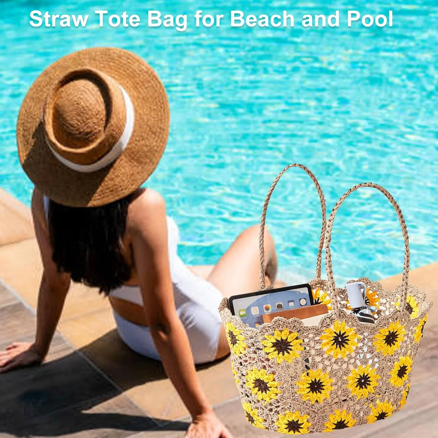 Beach Bags for Women Straw Tote Bag Floral Straw Bag Beach Straw Bag Large Tote Handbag Summer Beach Bag