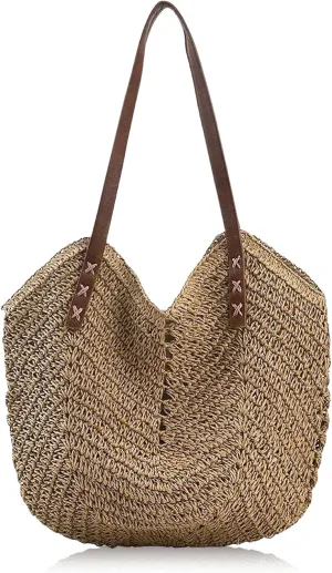 Beach Bags for Women with Zipper, Large Straw Bag Woven Tote Bag Straw Shoulder Bag for Summer Vocation