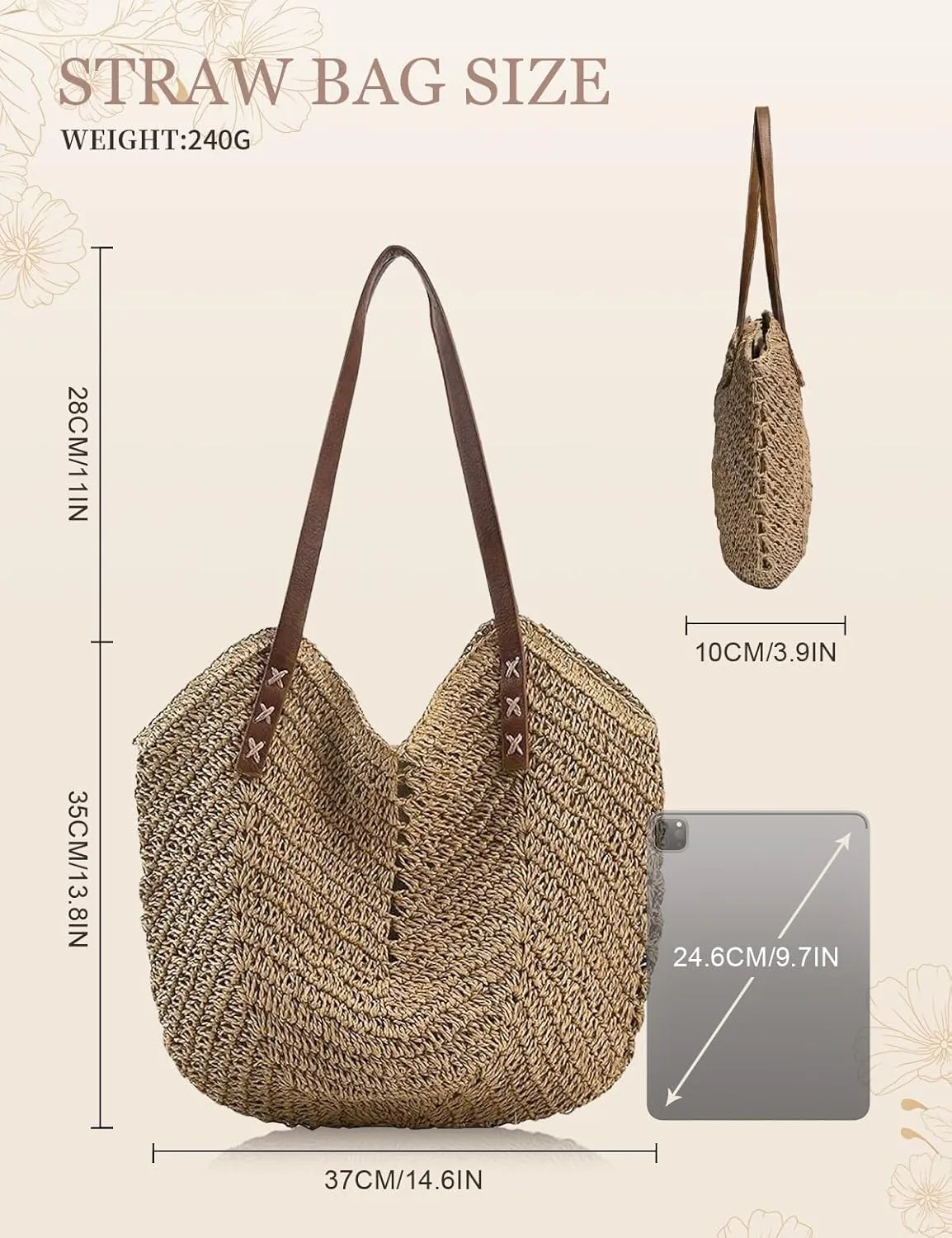 Beach Bags for Women with Zipper, Large Straw Bag Woven Tote Bag Straw Shoulder Bag for Summer Vocation