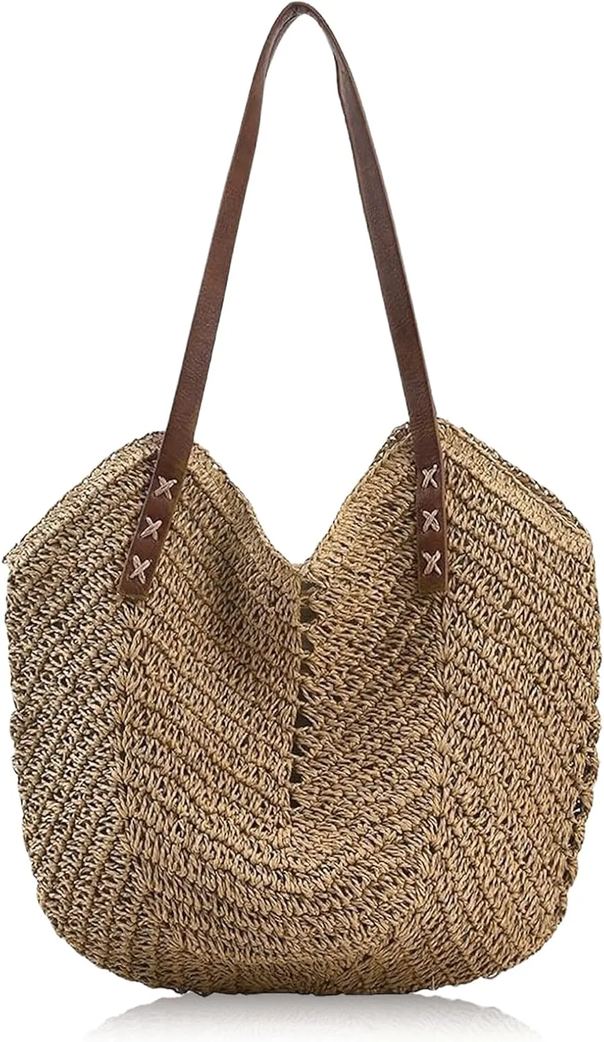 Beach Bags for Women with Zipper, Large Straw Bag Woven Tote Bag Straw Shoulder Bag for Summer Vocation