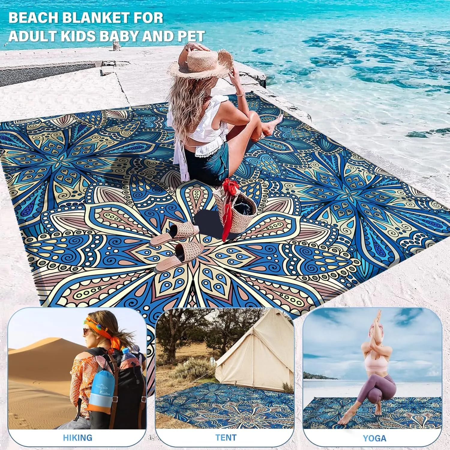 Beach Blanket Oversized Extra Large 78" X 81",Waterproof Sandproof Beach Blanket 1-7 Adults Lightweight Durable for Travel Camping Hiking Picnic