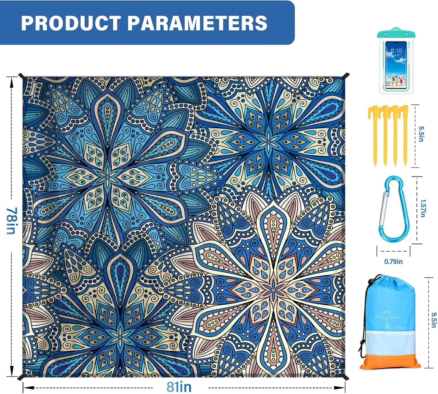 Beach Blanket Oversized Extra Large 78" X 81",Waterproof Sandproof Beach Blanket 1-7 Adults Lightweight Durable for Travel Camping Hiking Picnic
