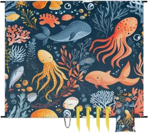 Beach Blanket, Whale Octopuses Sandproof Beach Mat, Waterproof Quick Drying Sand Free Mat with 4 x Ground Spikes for Outdoor Travel Camping Hiking, Animals 68 x 59 in