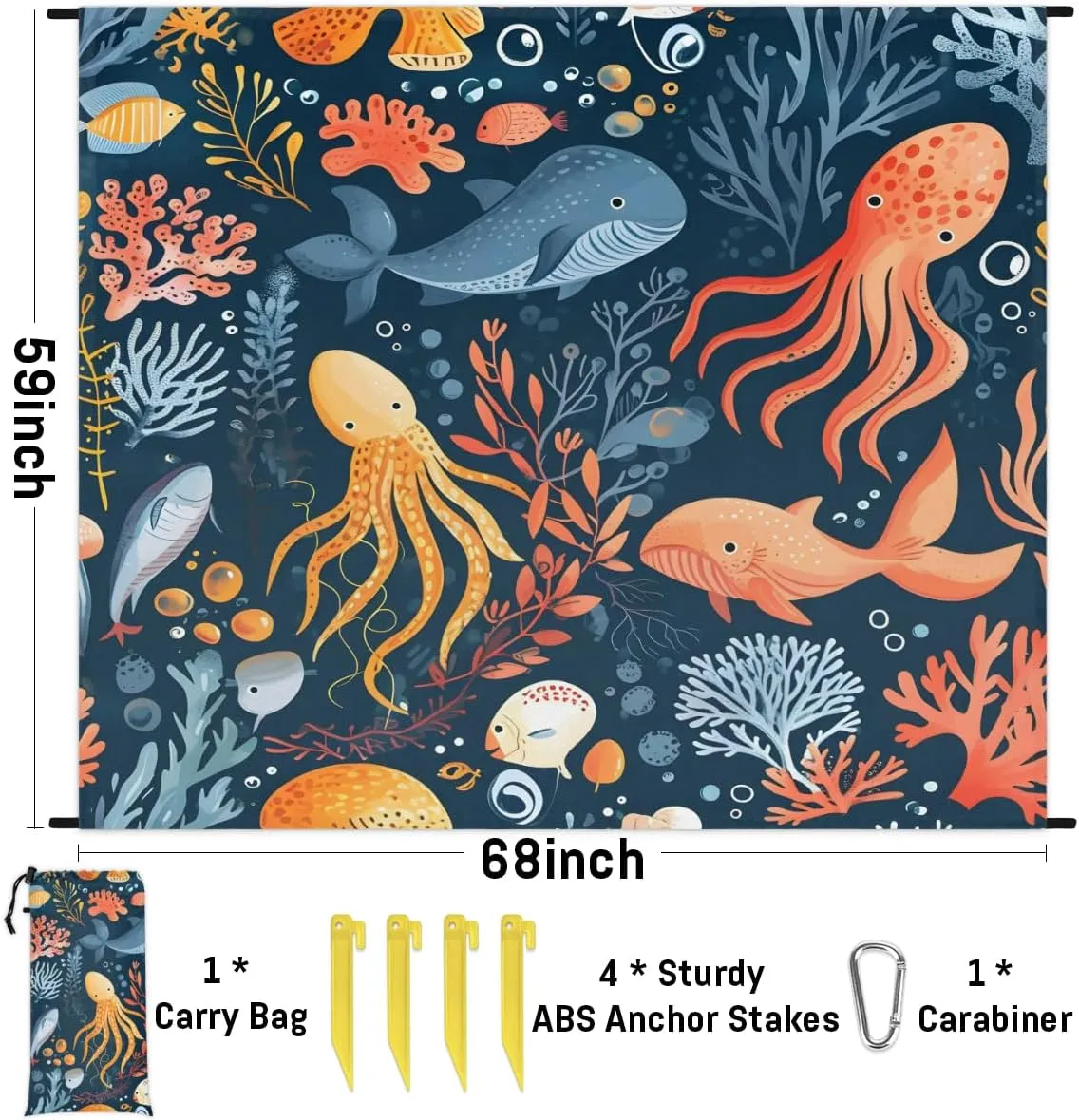 Beach Blanket, Whale Octopuses Sandproof Beach Mat, Waterproof Quick Drying Sand Free Mat with 4 x Ground Spikes for Outdoor Travel Camping Hiking, Animals 68 x 59 in