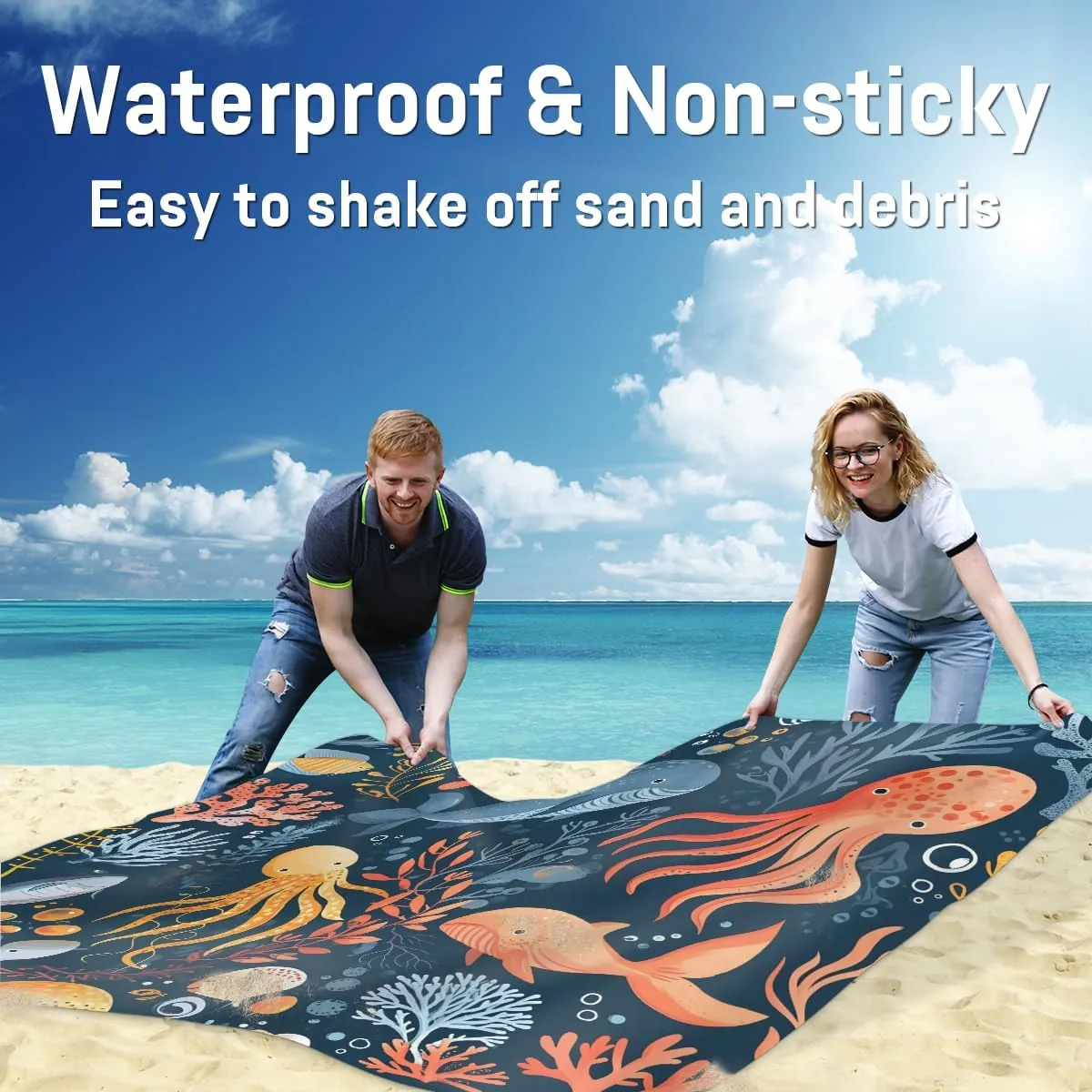 Beach Blanket, Whale Octopuses Sandproof Beach Mat, Waterproof Quick Drying Sand Free Mat with 4 x Ground Spikes for Outdoor Travel Camping Hiking, Animals 68 x 59 in