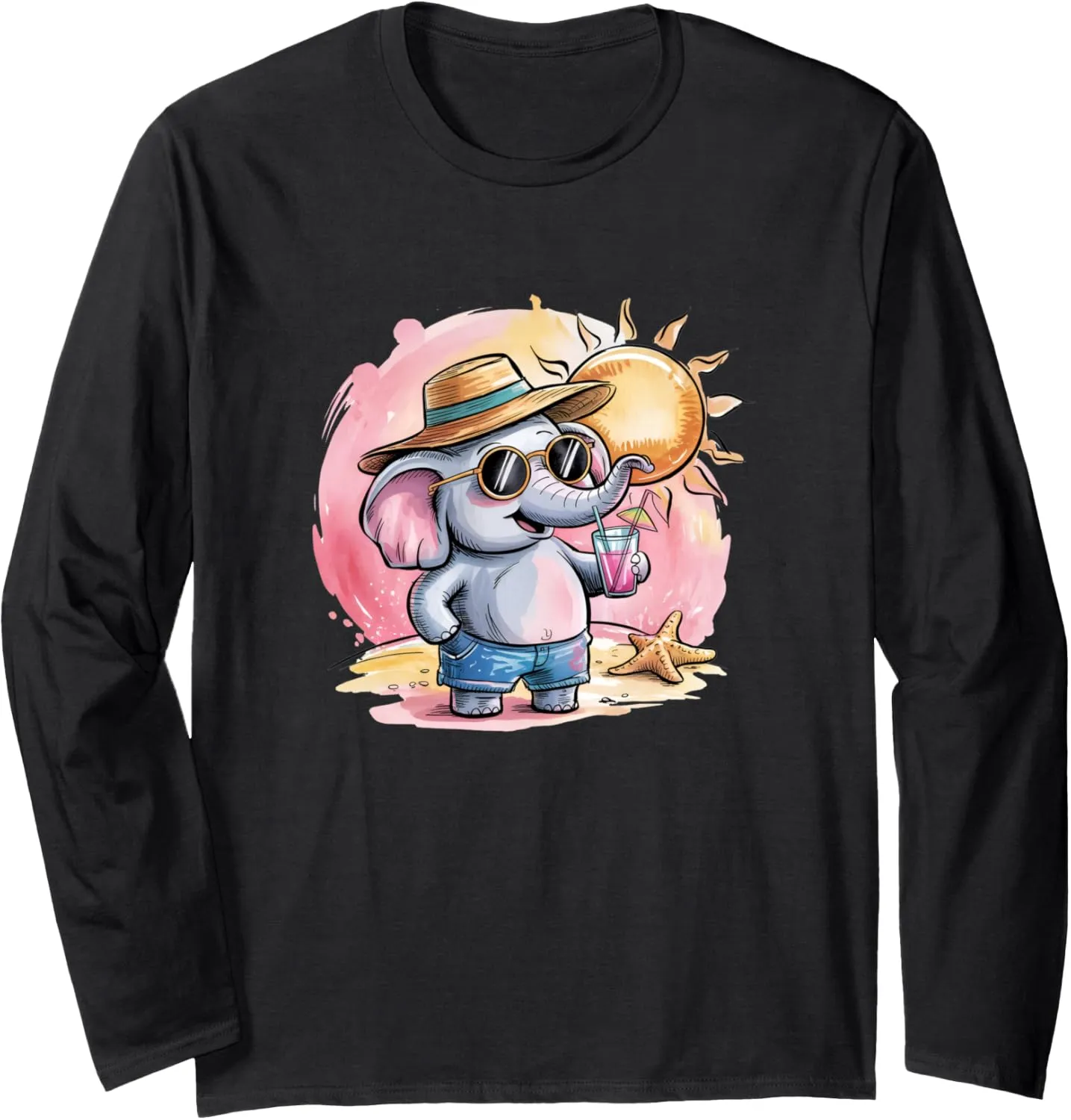 Beach Elephant Vacation Shirt Cute Sun Hat Sunglasses Summer Long Sleeve T-Shirt