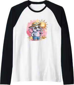 Beach Elephant Vacation Shirt Cute Sun Hat Sunglasses Summer Raglan Baseball Tee