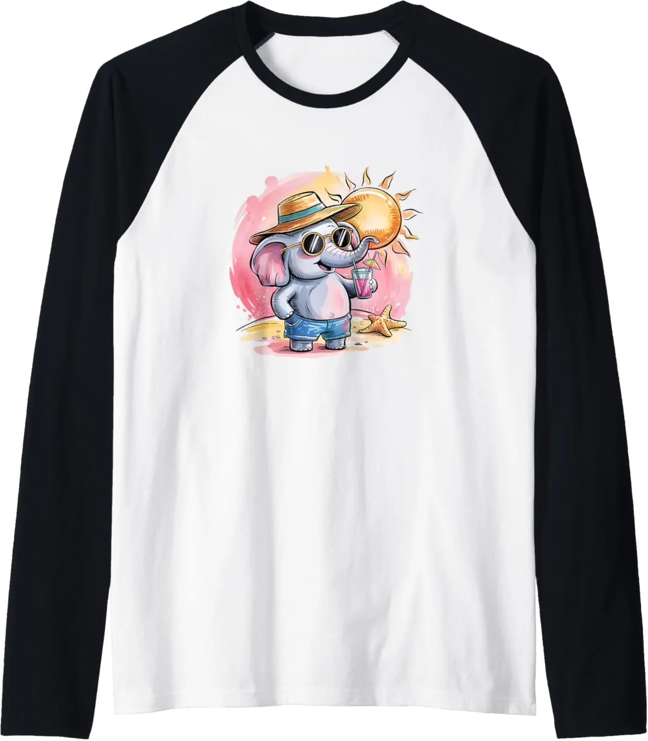Beach Elephant Vacation Shirt Cute Sun Hat Sunglasses Summer Raglan Baseball Tee