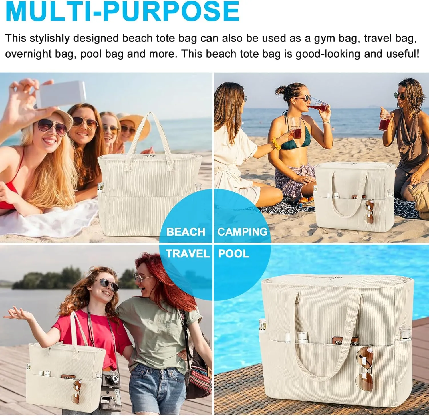 Beach Pool Bags Tote for Women Ladies Large Gym Tote Carry On Bag With Wet Compartment for Weekender Travel Waterproof