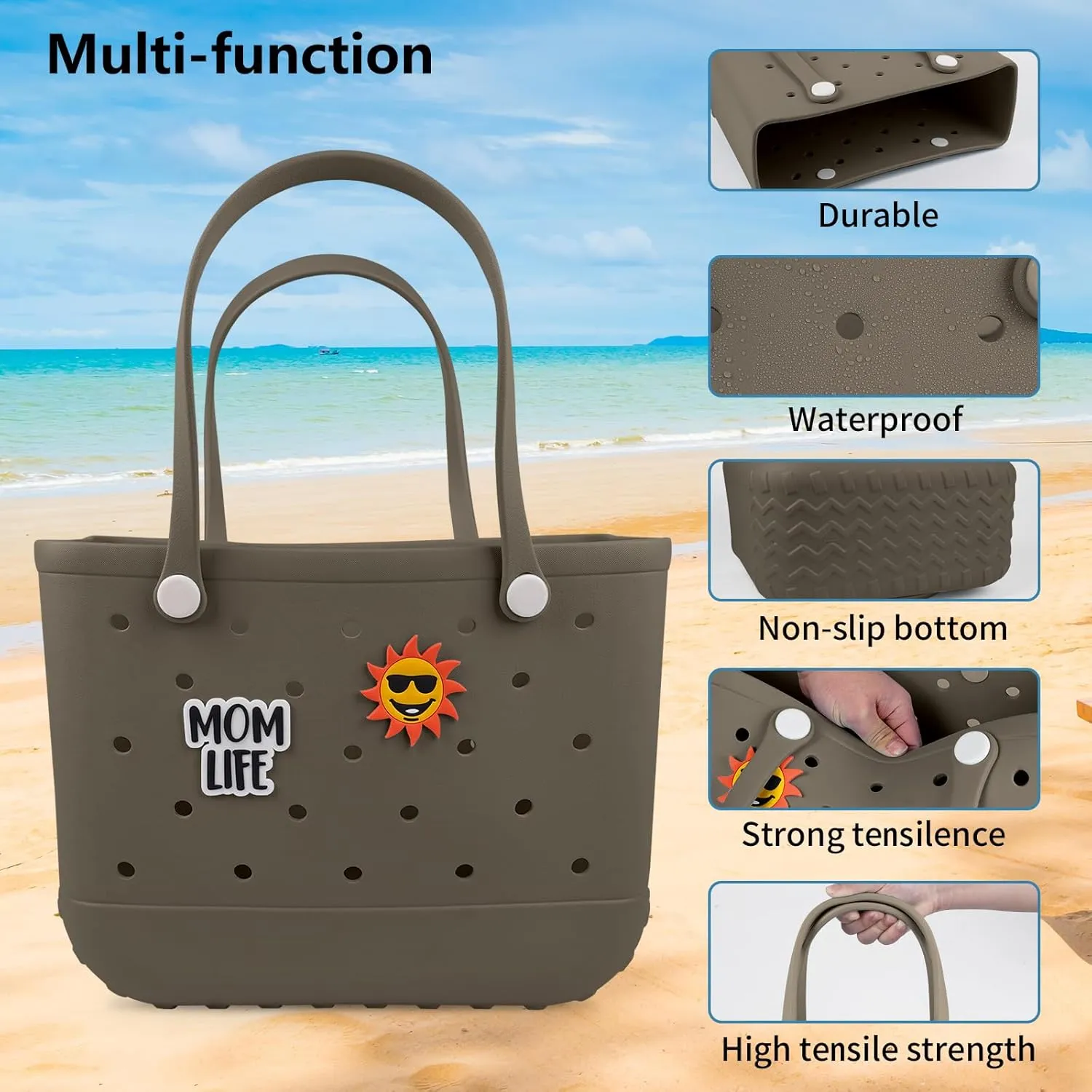 Beach Rubber Bag Tote Bag,Extra Large Waterproof Travel Women Handbag with Charms for Sports Beach Groceries Pool