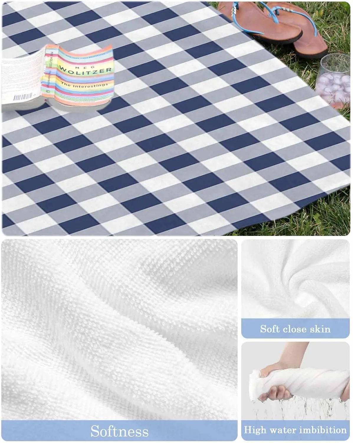 Beach Towel Blue White Buffalo Plaid Bath Pool Towels Farmhouse Check Sand Free Blanket Quick Dry Lightweight Travel Blankets for Adults Gifts 30x60in
