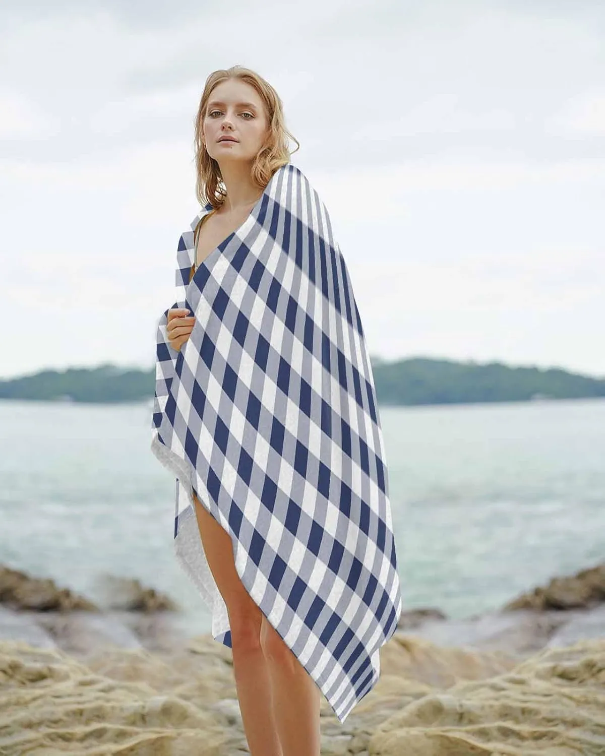 Beach Towel Blue White Buffalo Plaid Bath Pool Towels Farmhouse Check Sand Free Blanket Quick Dry Lightweight Travel Blankets for Adults Gifts 30x60in