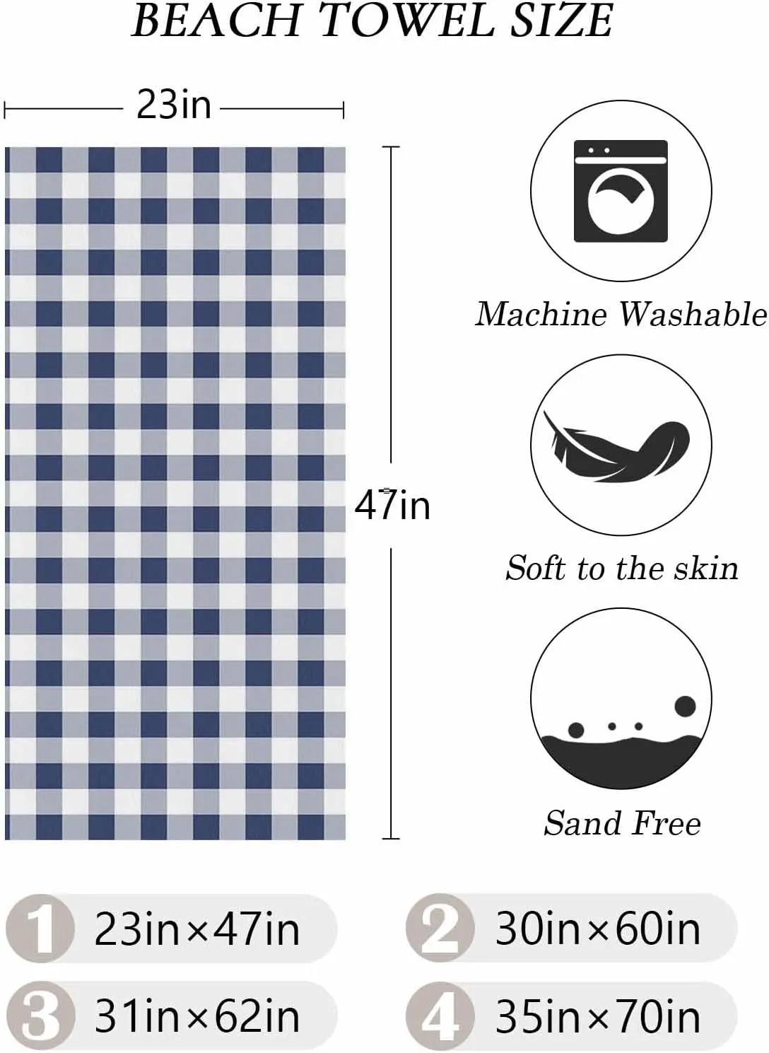 Beach Towel Blue White Buffalo Plaid Bath Pool Towels Farmhouse Check Sand Free Blanket Quick Dry Lightweight Travel Blankets for Adults Gifts 30x60in