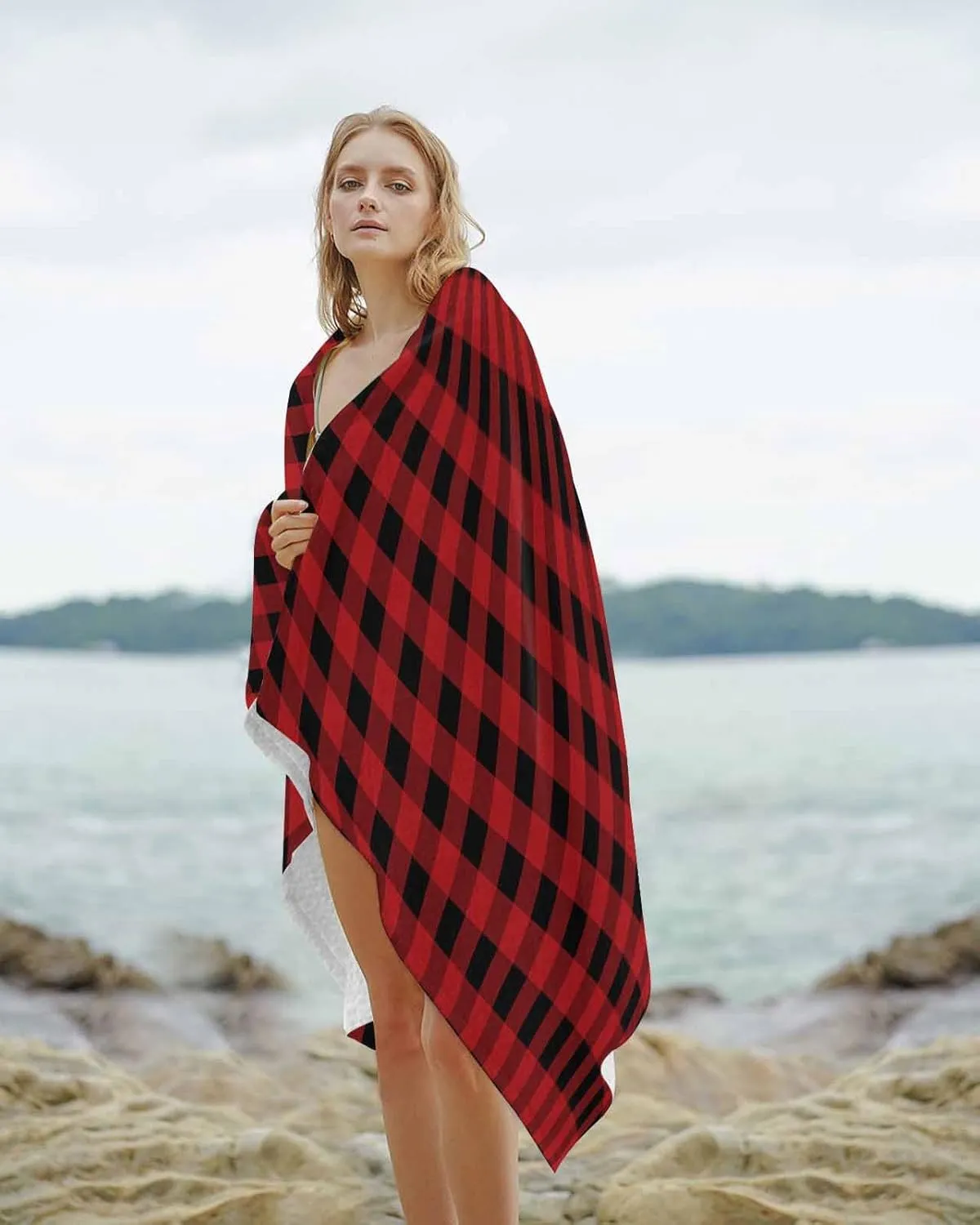 Beach Towel Christmas Buffalo Plaid Check Bath Pool Towels Red Black Sand Free Blanket Quick Dry Lightweight Travel Blankets for Adults Gifts 30x60in