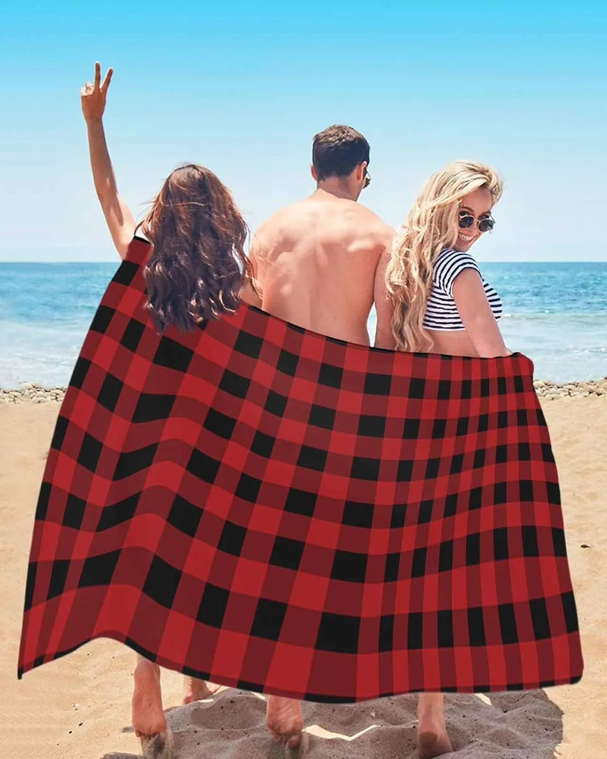 Beach Towel Christmas Buffalo Plaid Check Bath Pool Towels Red Black Sand Free Blanket Quick Dry Lightweight Travel Blankets for Adults Gifts 30x60in