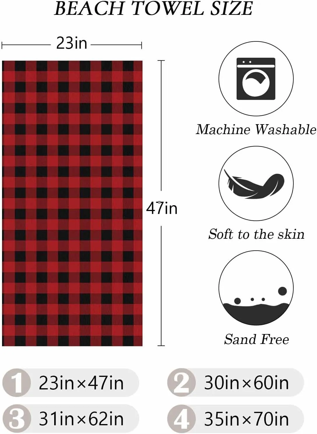 Beach Towel Christmas Buffalo Plaid Check Bath Pool Towels Red Black Sand Free Blanket Quick Dry Lightweight Travel Blankets for Adults Gifts 30x60in