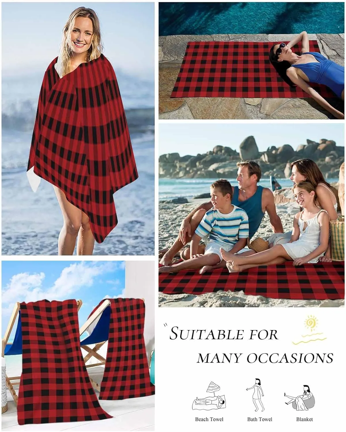 Beach Towel Christmas Buffalo Plaid Check Bath Pool Towels Red Black Sand Free Blanket Quick Dry Lightweight Travel Blankets for Adults Gifts 30x60in