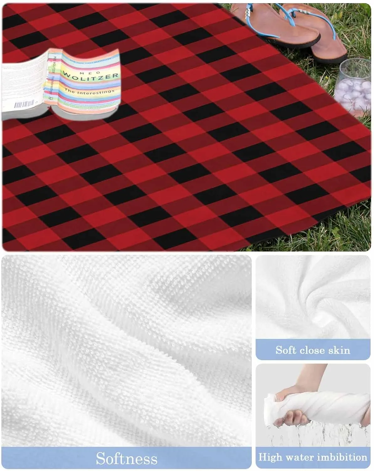 Beach Towel Christmas Buffalo Plaid Check Bath Pool Towels Red Black Sand Free Blanket Quick Dry Lightweight Travel Blankets for Adults Gifts 30x60in