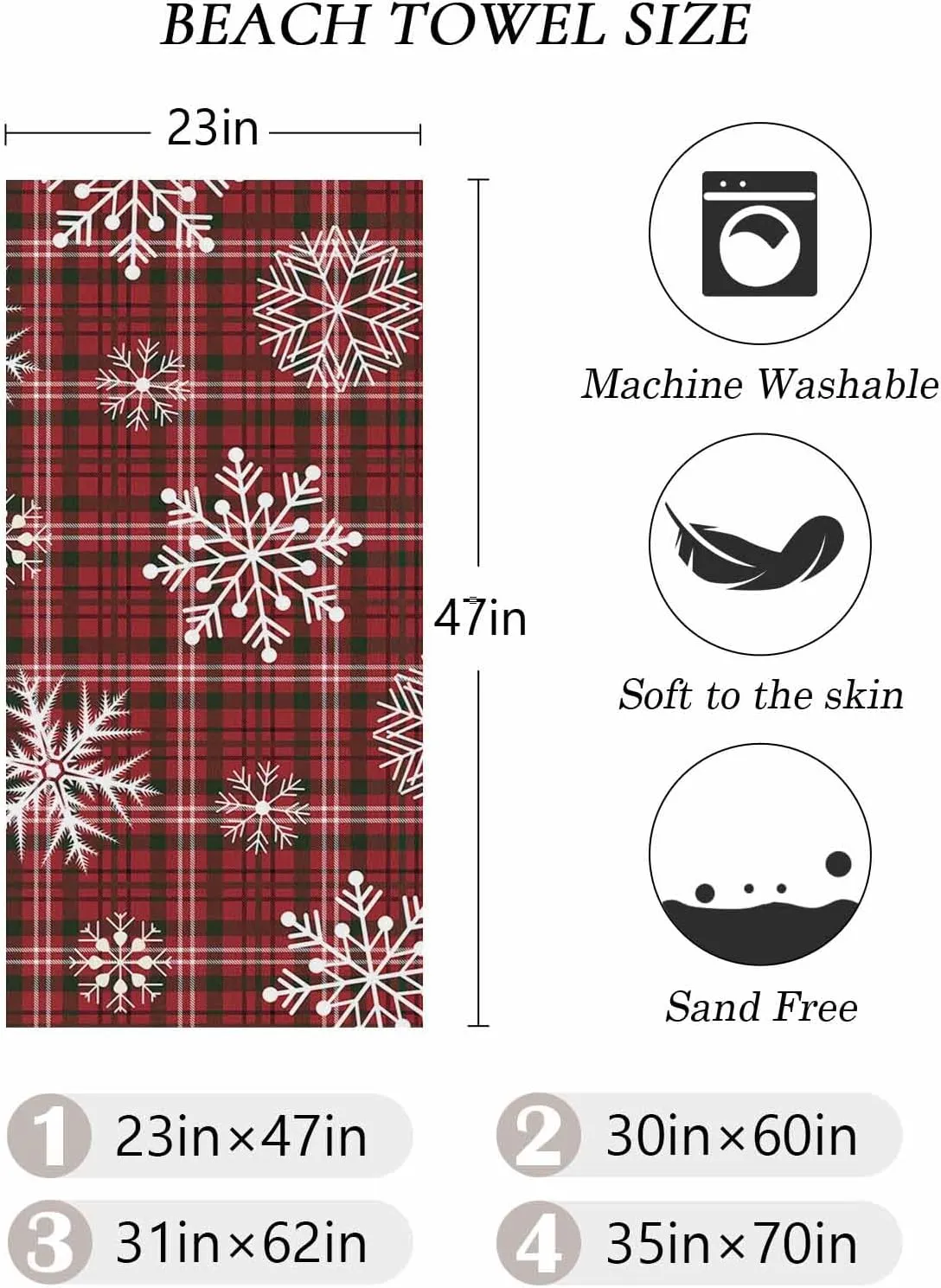 Beach Towel Christmas Snowflake Plaid Bath Pool Towels Buffalo Check Red Geometric Sand Free Blanket Quick Dry Lightweight Travel Blankets for Adults Gifts 35x70in