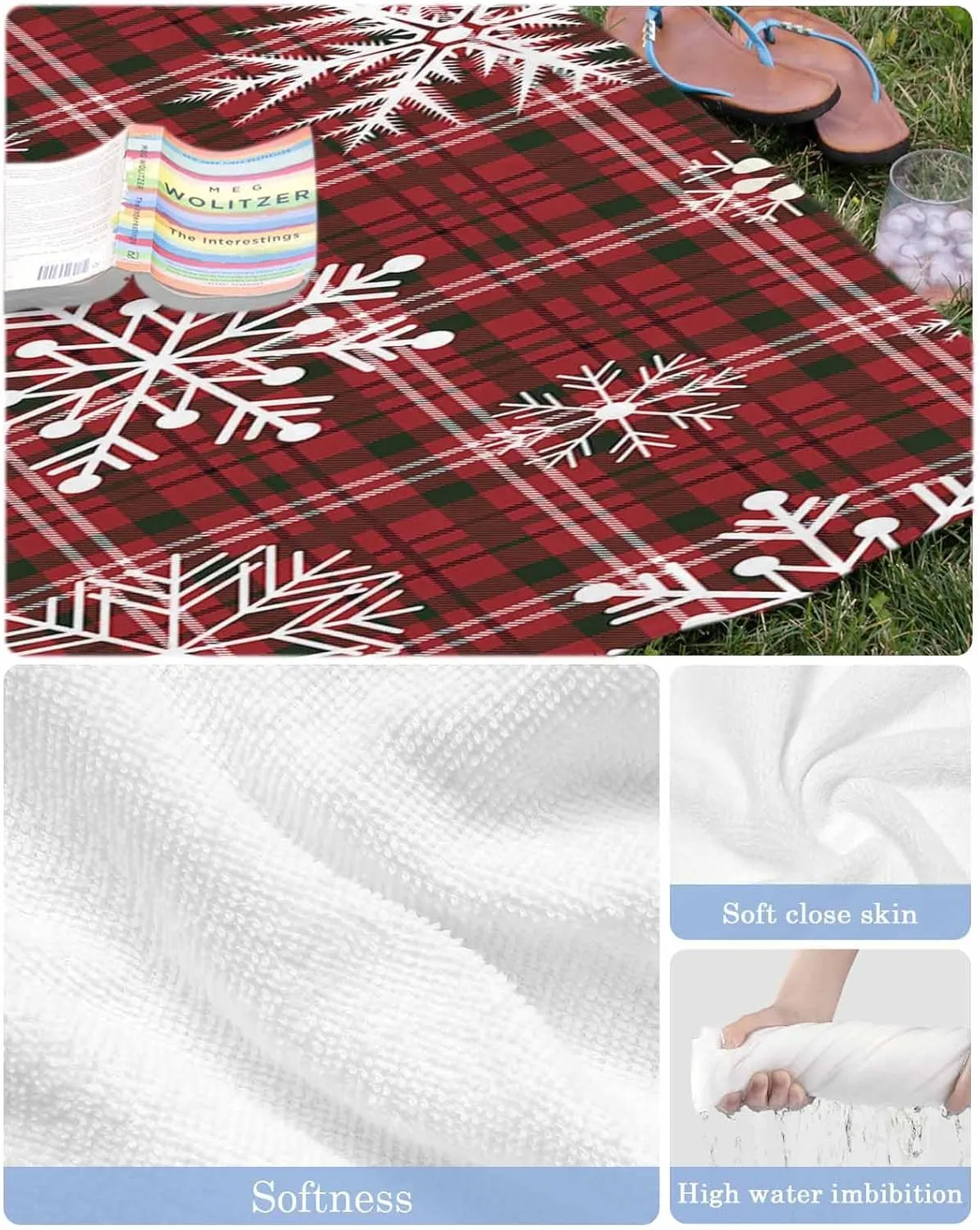 Beach Towel Christmas Snowflake Plaid Bath Pool Towels Buffalo Check Red Geometric Sand Free Blanket Quick Dry Lightweight Travel Blankets for Adults Gifts 35x70in