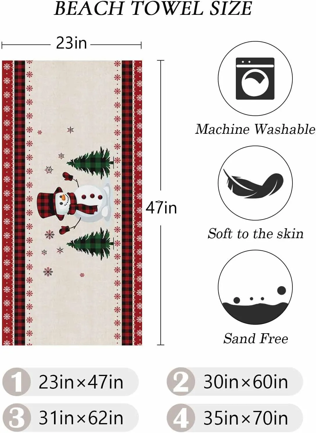 Beach Towel Christmas Tree Snowman Bath Pool Towels Buffalo Check Plaid Red Sand Free Blanket Quick Dry Lightweight Travel Blankets for Adults Gifts 35x70in