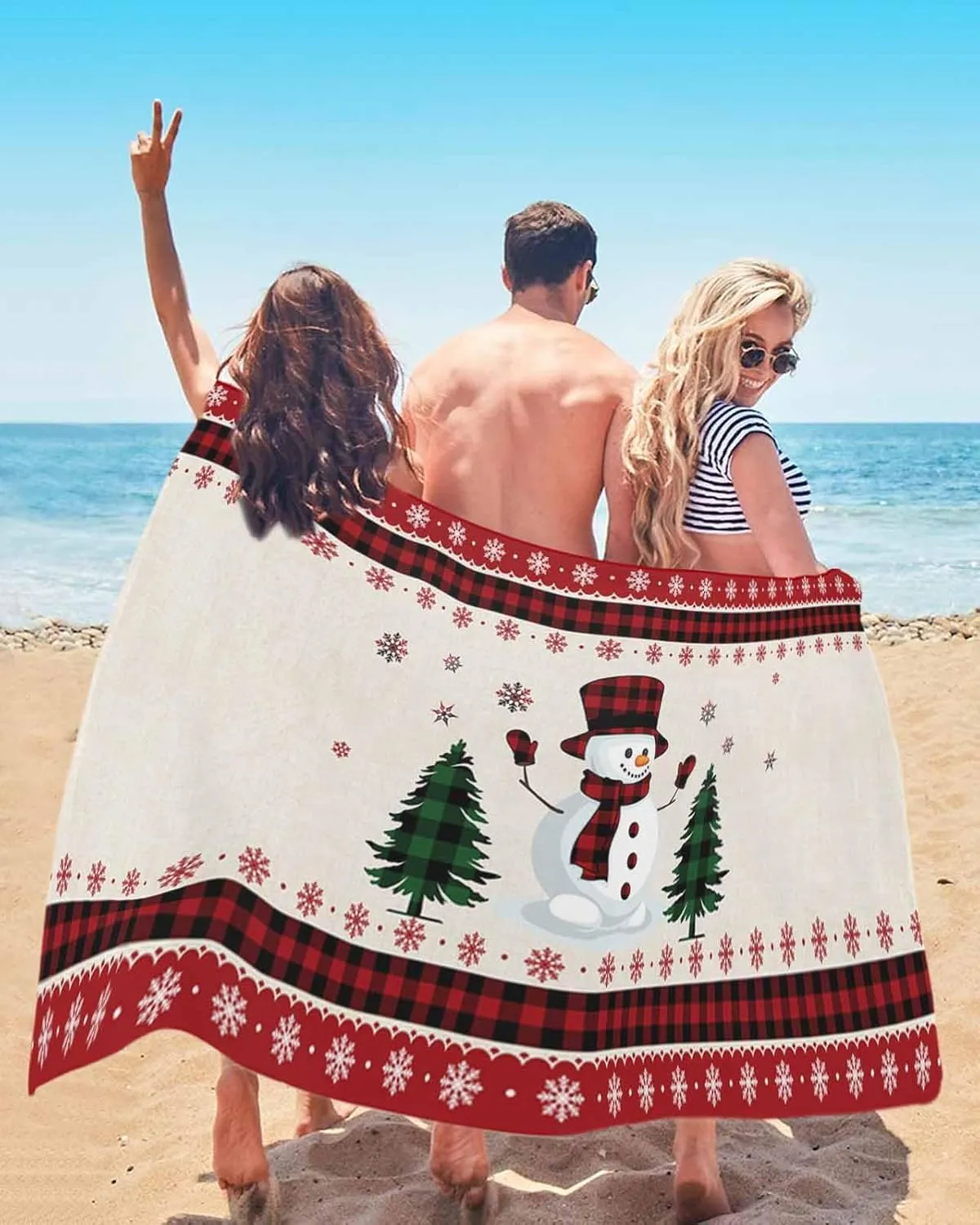 Beach Towel Christmas Tree Snowman Bath Pool Towels Buffalo Check Plaid Red Sand Free Blanket Quick Dry Lightweight Travel Blankets for Adults Gifts 35x70in
