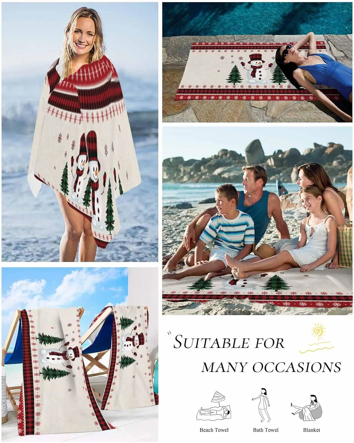 Beach Towel Christmas Tree Snowman Bath Pool Towels Buffalo Check Plaid Red Sand Free Blanket Quick Dry Lightweight Travel Blankets for Adults Gifts 35x70in