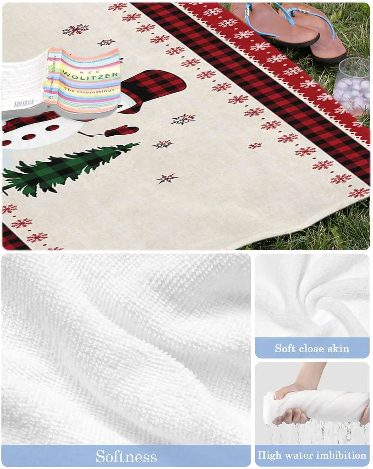 Beach Towel Christmas Tree Snowman Bath Pool Towels Buffalo Check Plaid Red Sand Free Blanket Quick Dry Lightweight Travel Blankets for Adults Gifts 35x70in