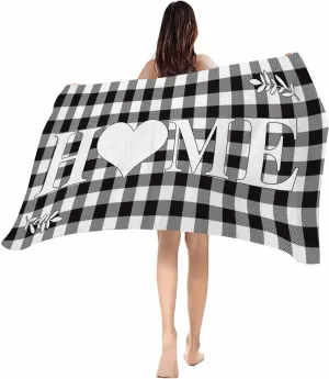 Beach Towel Farmhouse Buffalo Plaid Check Bath Pool Towels Black White Sand Free Blanket Quick Dry Lightweight Travel Blankets for Adults Gifts 23x47in